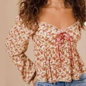 Altar'd State brick red blush pink floral crop long sleeve lace up corset top S